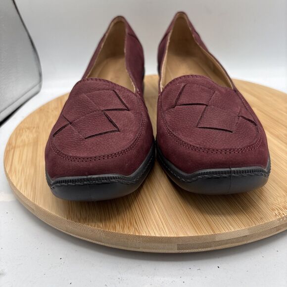 Hotter Havana Women's US 10 Low Wedge Loafer Burgundy Nubuck Woven Leather Toe - Picture 3 of 11